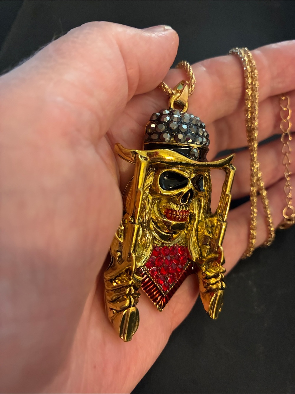 Skull Pendant Necklace with Red Crystal Chest and Black Crystals On His Head - Picture 4 of 8